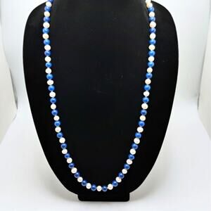 Vintage 30in Lapis and Pearl Bead Necklace